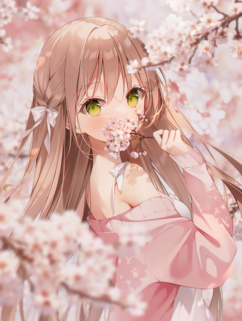 Anime girl with green eyes holding cherry blossoms
