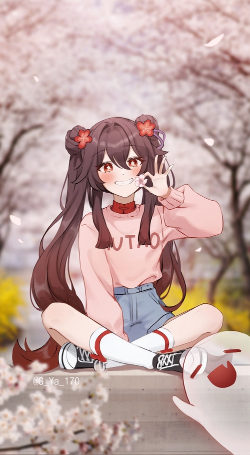 Hu Tao and ghost with cherry blossoms