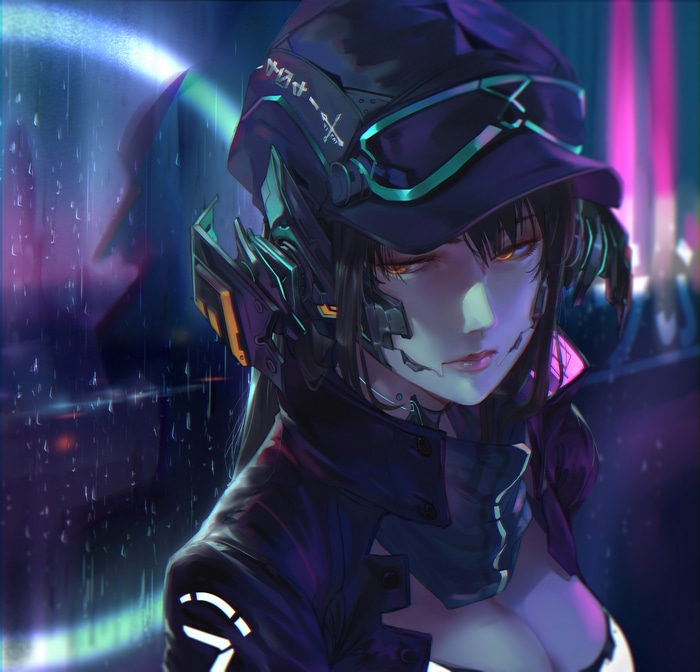Fantasy girl in a hat with cybernetic implants