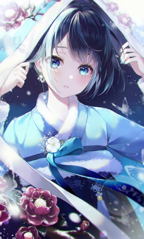 Anime girl with blue eyes in a blue hanbok