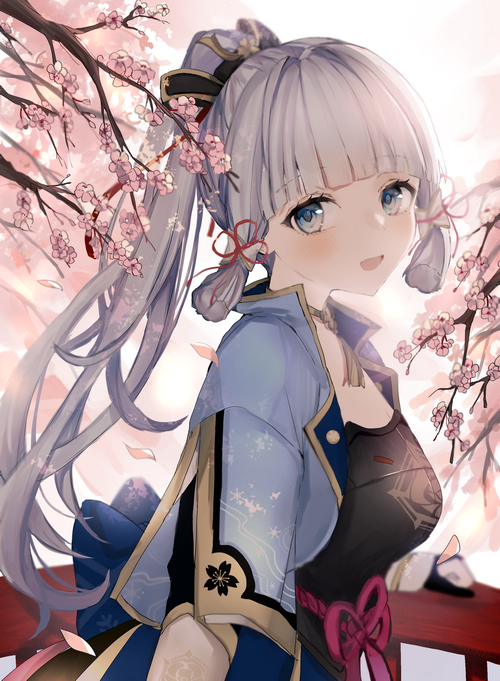 Kamisato Ayaka from Genshin Impact with cherry blossoms