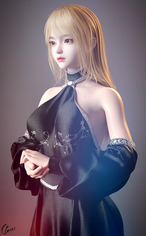 Fantasy blonde CGI girl in black dress