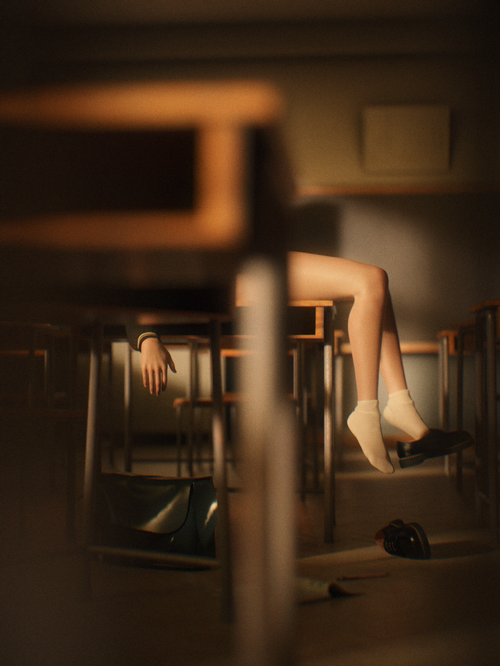 Girl in classroom with socks and desk