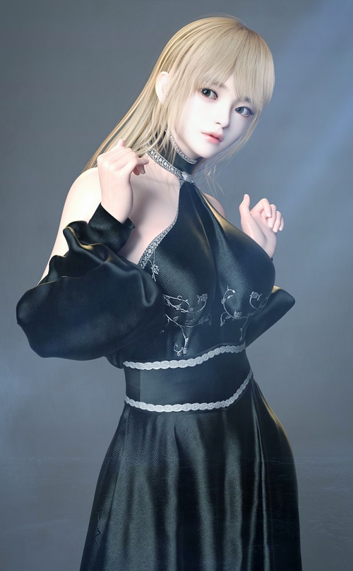 Fantasy girl with blonde hair in a black dress