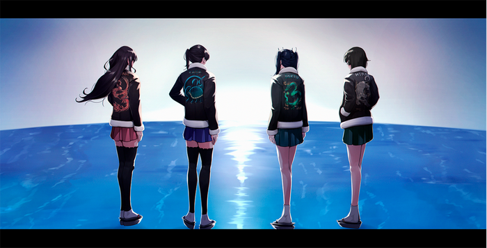 Kantai Collection characters standing by the ocean