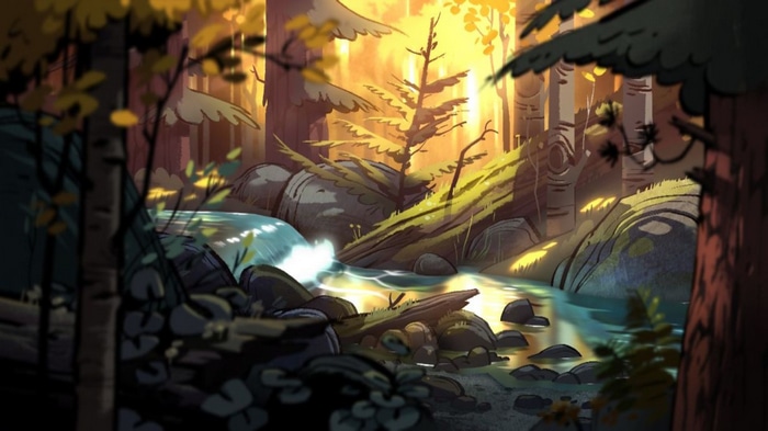 Gravity Falls forest stream with sunlight