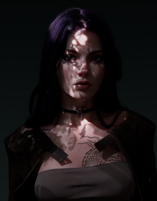 Artwork of a woman with purple hair and a dragon tattoo