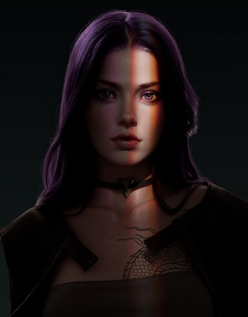 Fantasy girl with purple hair and dragon tattoo