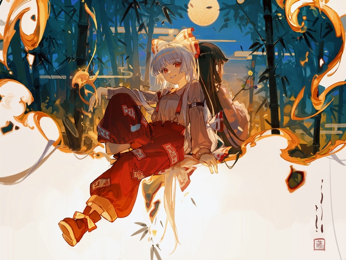 Touhou characters in a bamboo forest under the moon