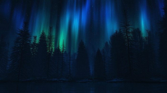 Aurora Borealis over a dark forest and lake