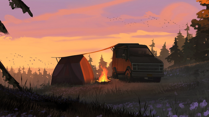 Camping with a van and tent at sunset