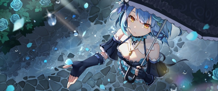 Anime girl with blue hair holding an umbrella in the rain