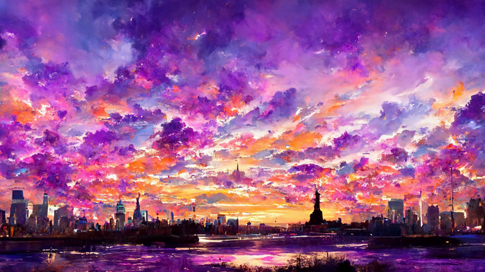 New York City skyline at sunset with purple clouds