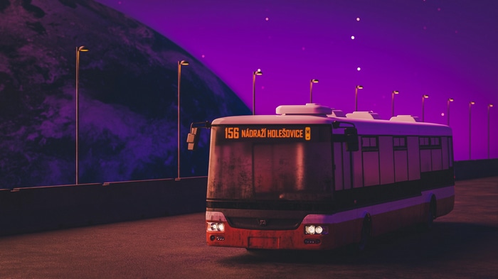 4K bus with destination sign in purple sky
