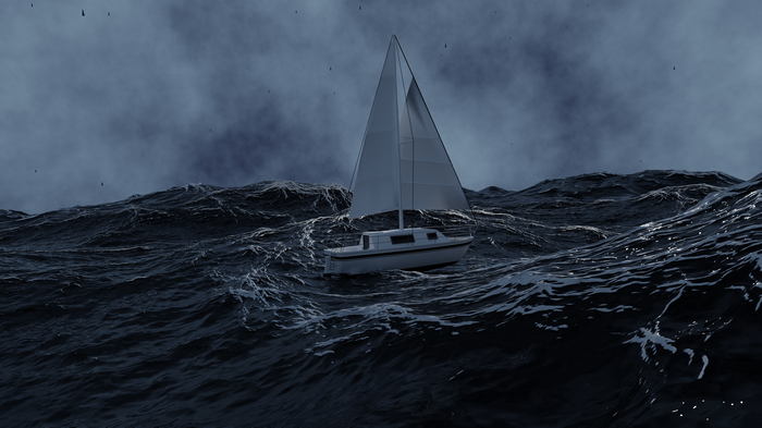 Sailboat in a stormy sea with dark clouds