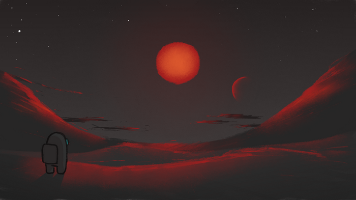 Among Us character on a red alien planet with two suns