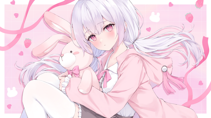Girl with pink eyes and white hair holding a rabbit plush
