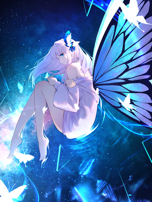 Girl with butterfly wings in starry sky
