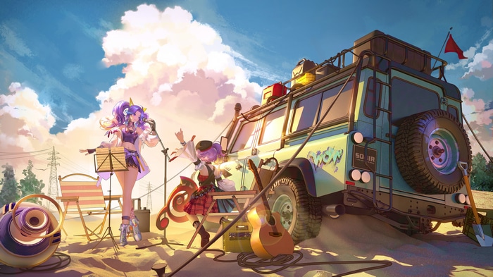 Honor of Kings characters performing music with a van