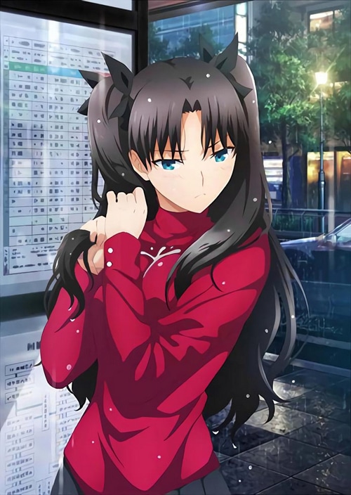 Tohsaka Rin from Fate/Stay Night in the rain