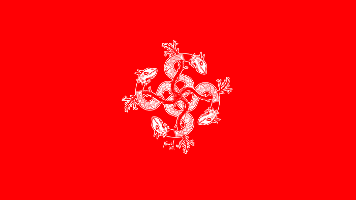 4K illustration of intertwined snakes on red background