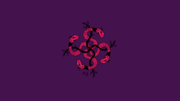Four snakes intertwined on a purple background