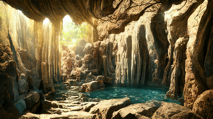 Sunlight streams into a cave with a pool and rocky pathway