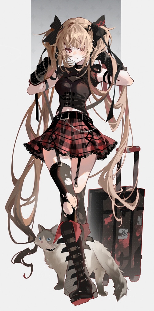 Anime girl with cat and luggage