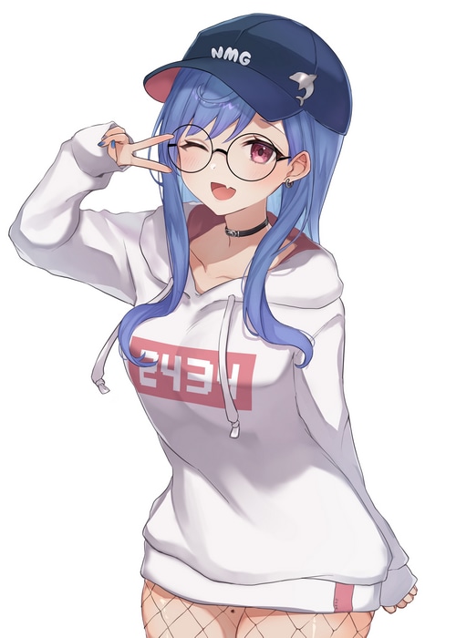 Anime girl with blue hair, glasses, and a hat