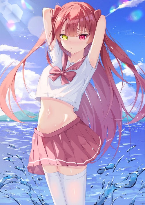 Houshou Marine in a school uniform by the water
