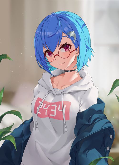 Anime girl with blue hair and glasses