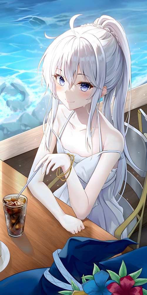 Girl with white hair and blue eyes by the water