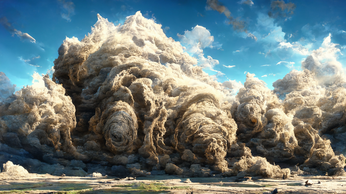 Massive dust storm clouds under a blue sky