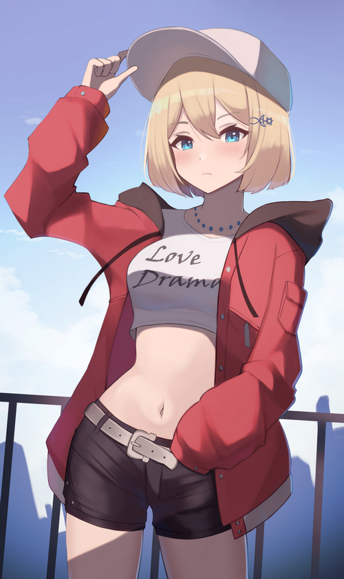 Anime girl in red jacket and shorts holding hat
