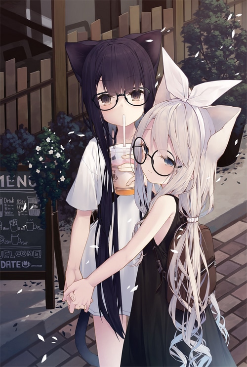 Two anime cat girls holding hands and drinking