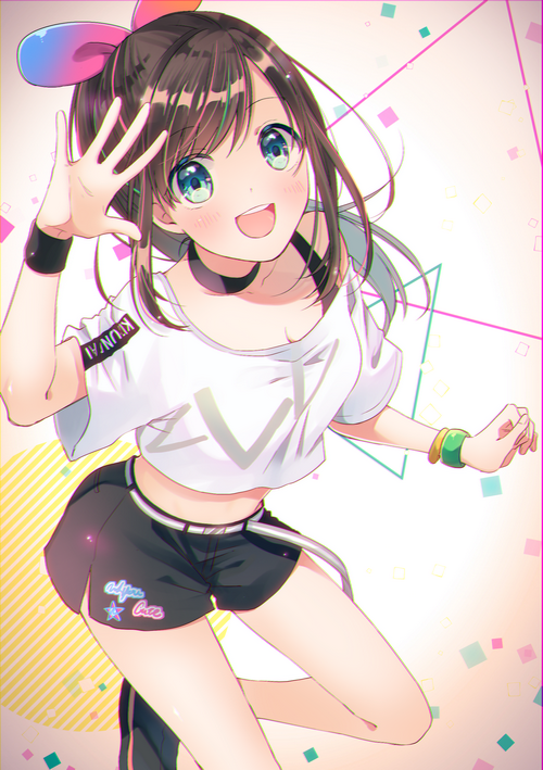 Kizuna AI in a white crop top and black shorts