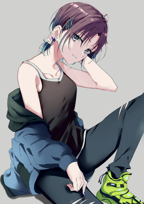 Anime girl with purple hair and green shoes
