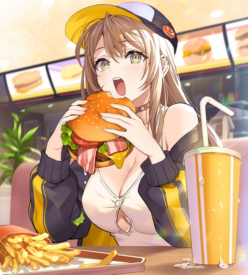 Anime girl eating a burger with fries and a drink