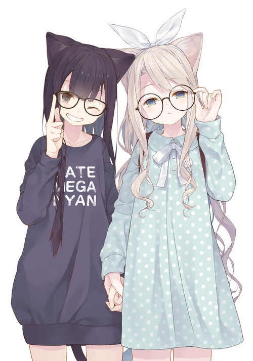 Two anime cat girls with glasses holding hands