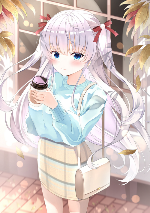 Anime girl with white hair holding a coffee cup