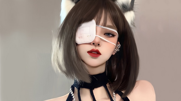 Asian woman with eyepatch and cat ears
