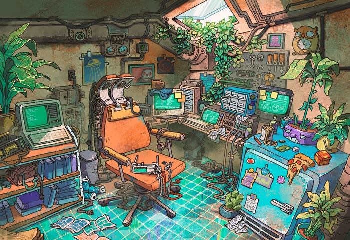 Retro computer room with plants and a fridge