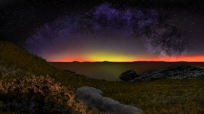 Digital painting of a twilight landscape with stars