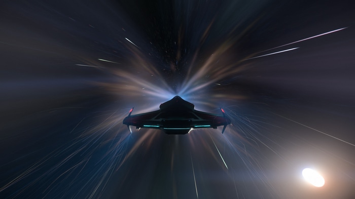 Spaceship traveling through a warp tunnel in Star Citizen