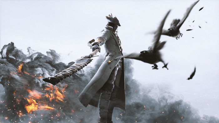 Hunter with crows and fire in Bloodborne
