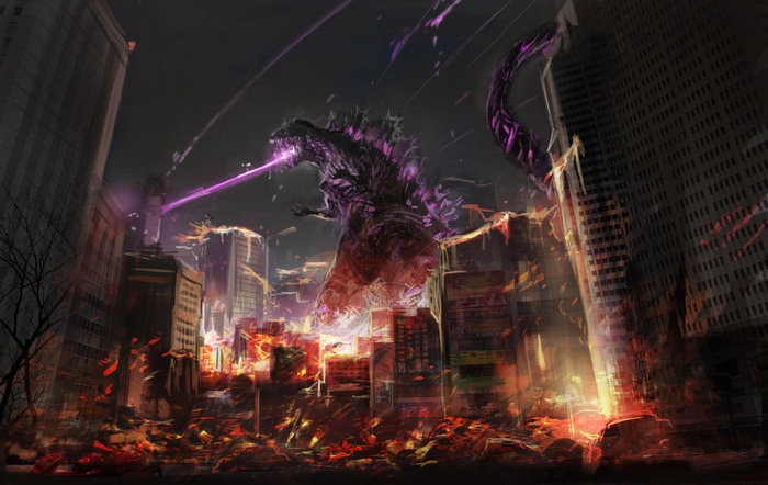 Shin Godzilla attacking a city