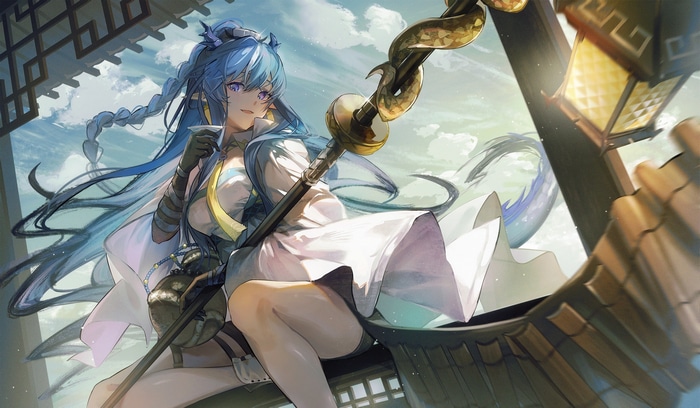 Ling from Arknights with blue hair and braids