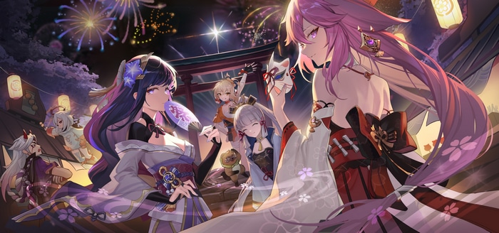 Genshin Impact characters celebrate with fireworks