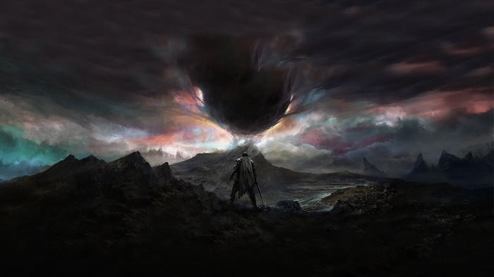 Dark fantasy landscape with a knight facing a dark cloud