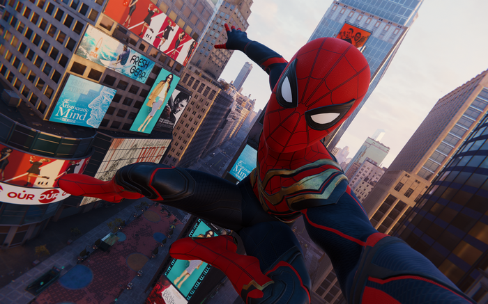 Spider-Man in a city with billboards